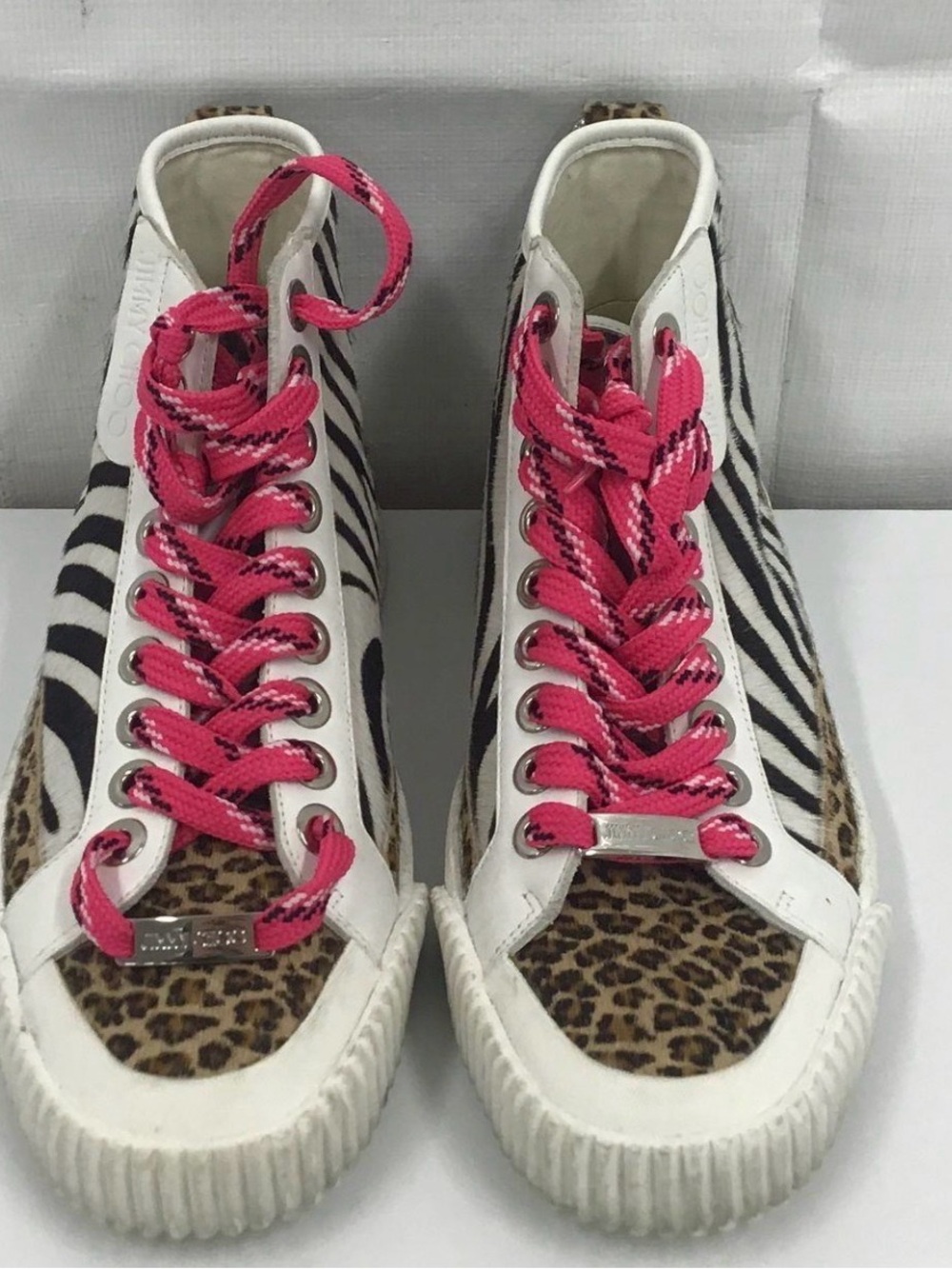 Jimmy Choo Zebra & Leopard High-Top Sneakers with Hot Pink Laces